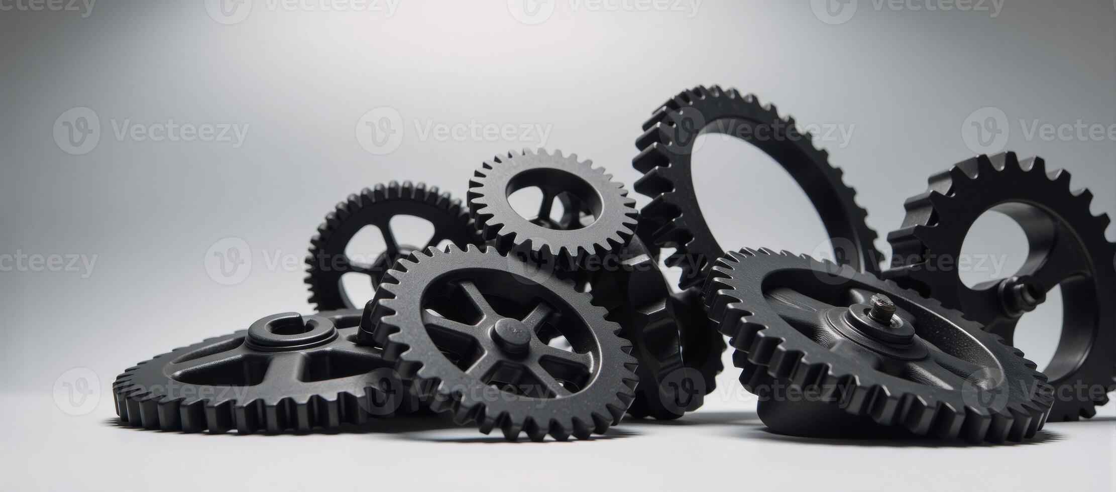 A sleek image showcases metallic black gears against a minimalistic backdrop photo