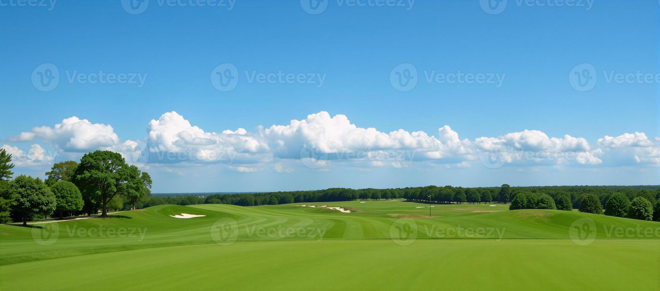 A picturesque golf course scene features lush green fairways under a clear blue sky photo