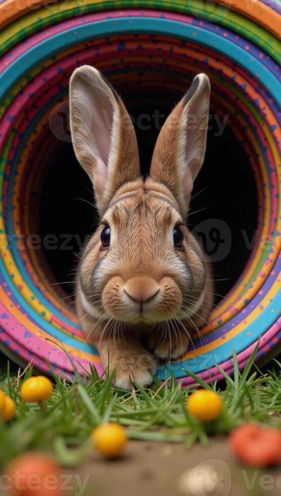 Illustration of a curious rabbit peeking from a colorful patternfilled whirlpool hole photo