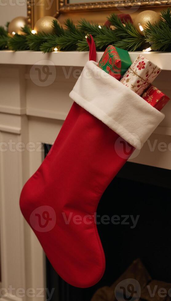 A festive stocking adorned with holiday lights hangs on a fireplace mantel surrounded by ornaments photo