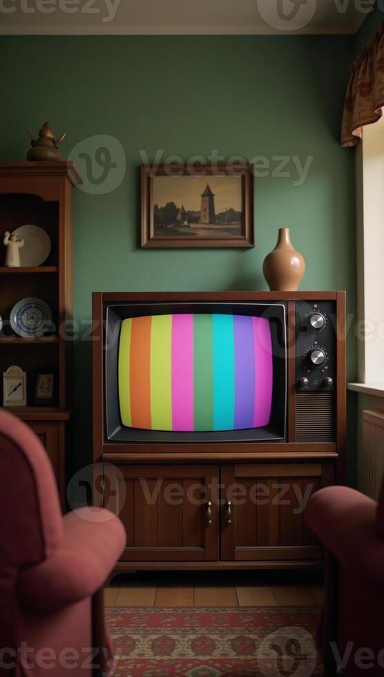 A vintagestyle television displaying color bars within a warm retro living room setting photo