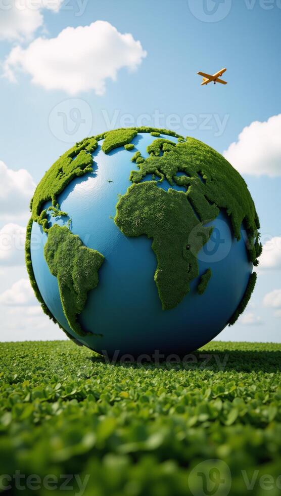 Intricate 3D illustration showcases a globeshaped rainforest with continent continents represented by lakes and cloudy skies filled with a distant plane flying over photo
