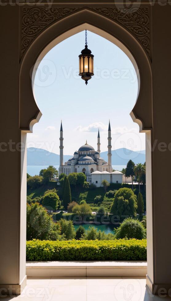A breathtaking Islamic landscape features a beautiful mosque against an Arabic lanternlit backdrop amidst serene natural scenery photo