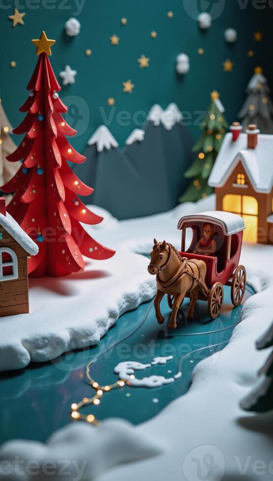 A papercraft depiction of a wintery Christmas scene with a horsedrawn carriage a red Christmas tree and flowing water photo