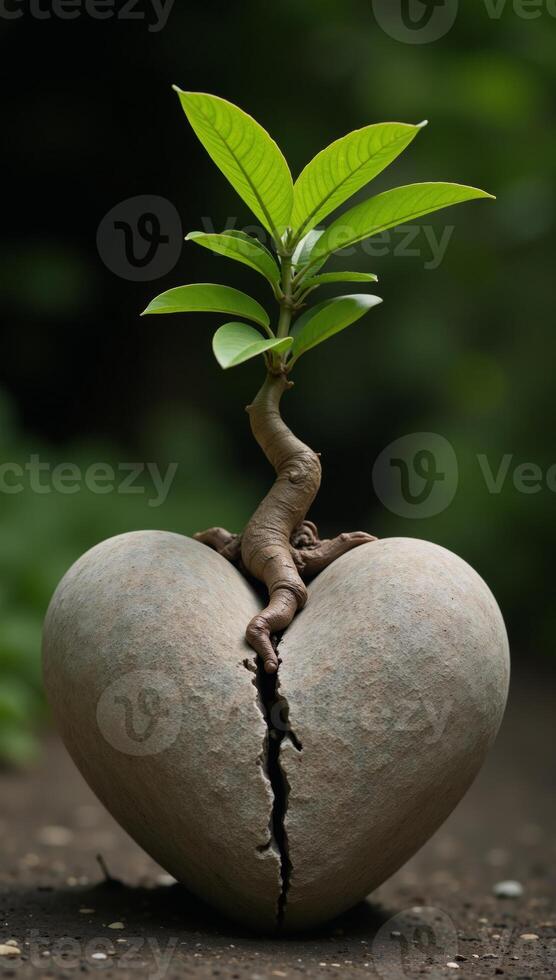 Tree with roots cracking through symbolic heart signifying emotional healing through introspective growth photo