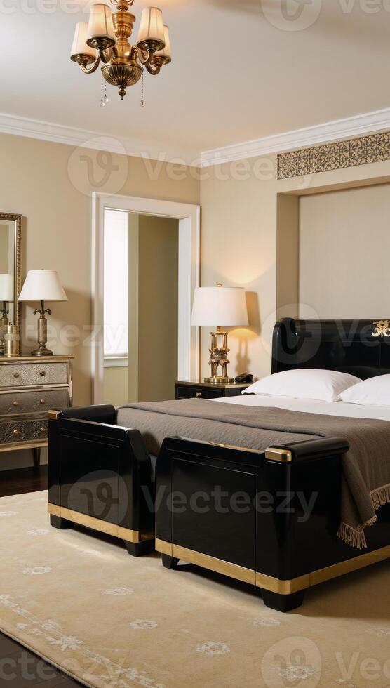 Luxurious Art Decothemed bedroom with patterned carpet vintageinspired accessories and Art Deco furniture photo