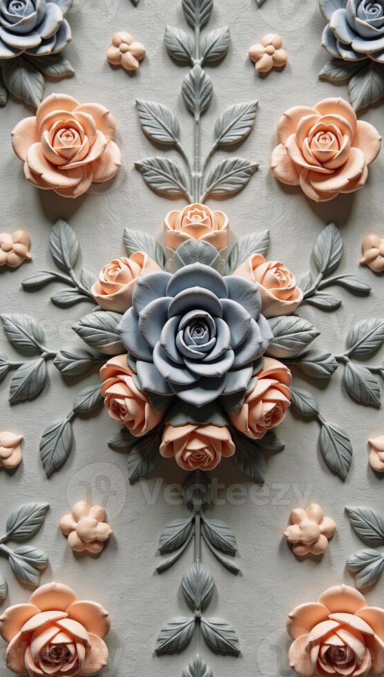 A detailed floralthemed drawing featuring a captivating arrangement of roses in soft shades of gray and peach photo