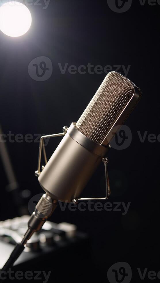 Closeup shot of microphone in recording studio setting photo