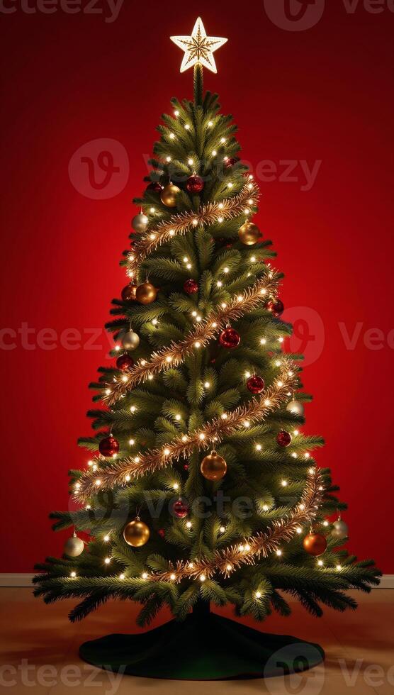 A festive holiday scene featuring golden and silver Christmas lights illuminating a red backdrop adorned with a tree and bright decorations for a Merry Xmas greeting message perfect as an elegant photo