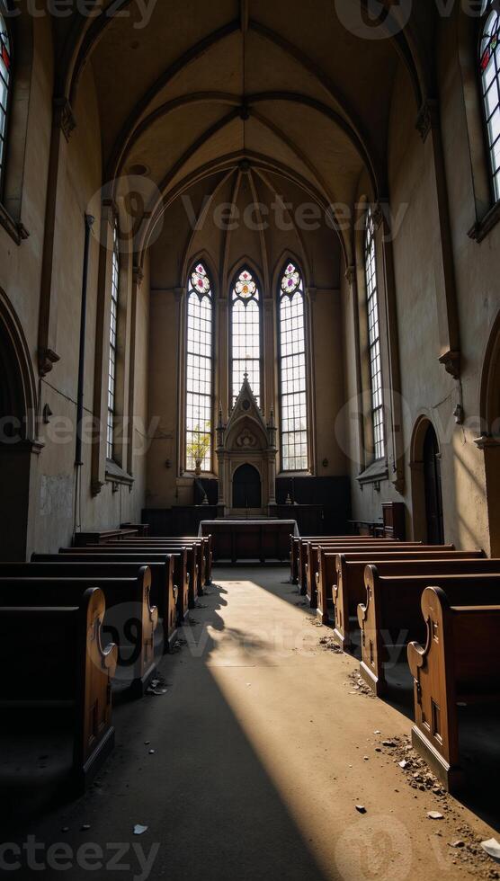 A decrepit church adorned by stainedglass windows and empty pews photo