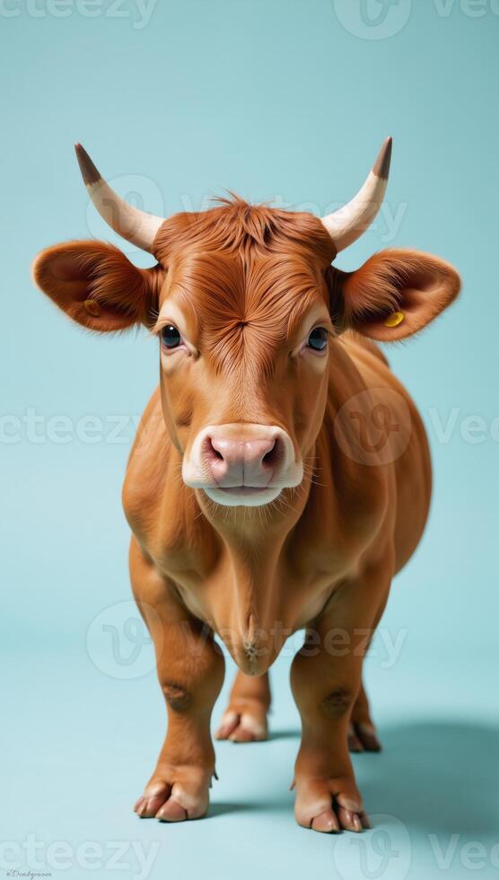 Vibrant portrait depicting a cow adorned with a pair of horns photo