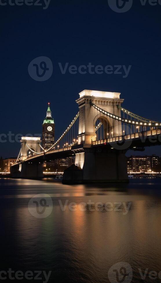 Cityscape featuring iconic bridge at night with shimmering reflections photo