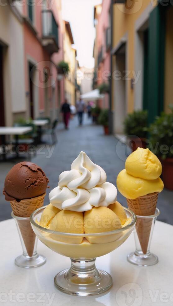 Creamy pearflavored Italian ice served in a sundae dish accompanied by dual cones filled with cocoa and lemon flavors at a vibrant gelato shop photo