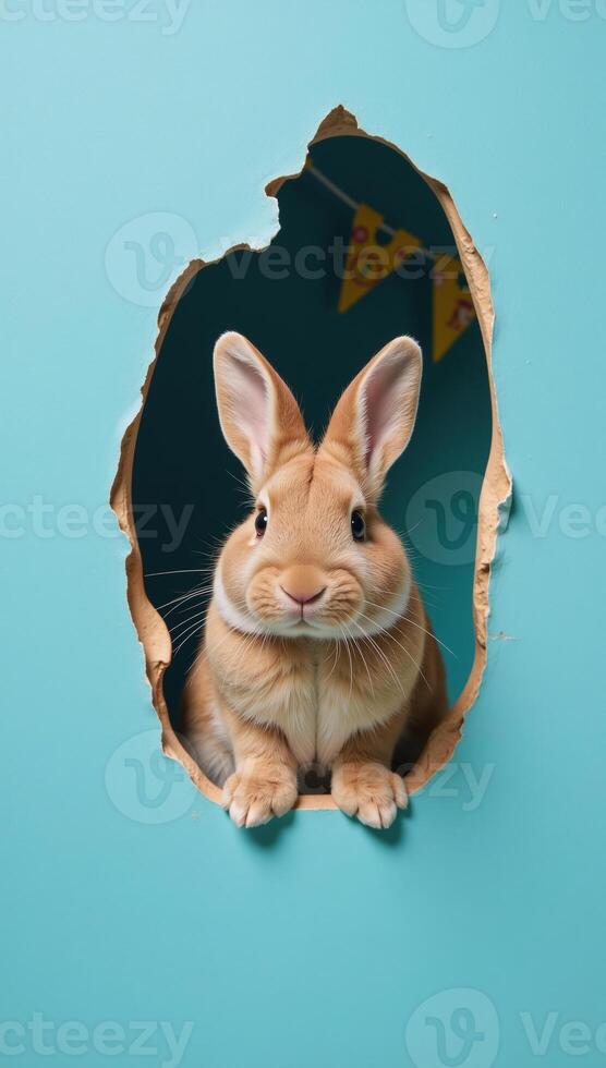 Fluffy Easter Bunny emerges from a torn hole in a bluewalled setting photo