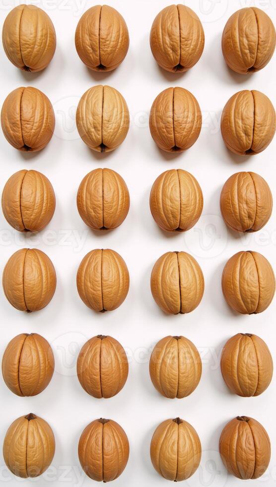White background displays symmetrical and intact walnut halves photo