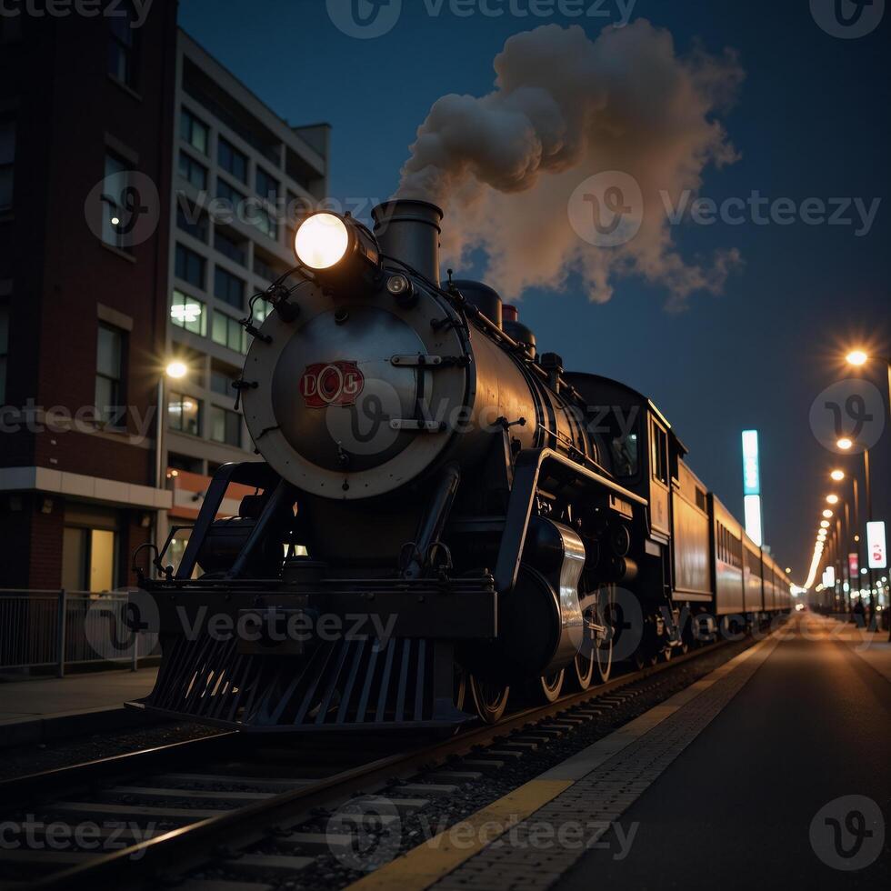Train journeys through cityscape at night on tracks photo