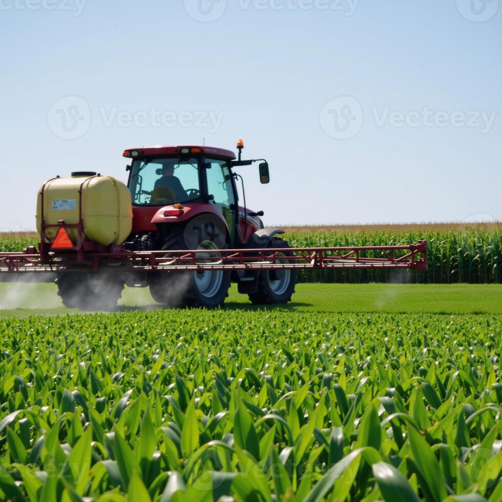 Tractor sprays pesticides on a cornfield during Spring Agriactivities start photo