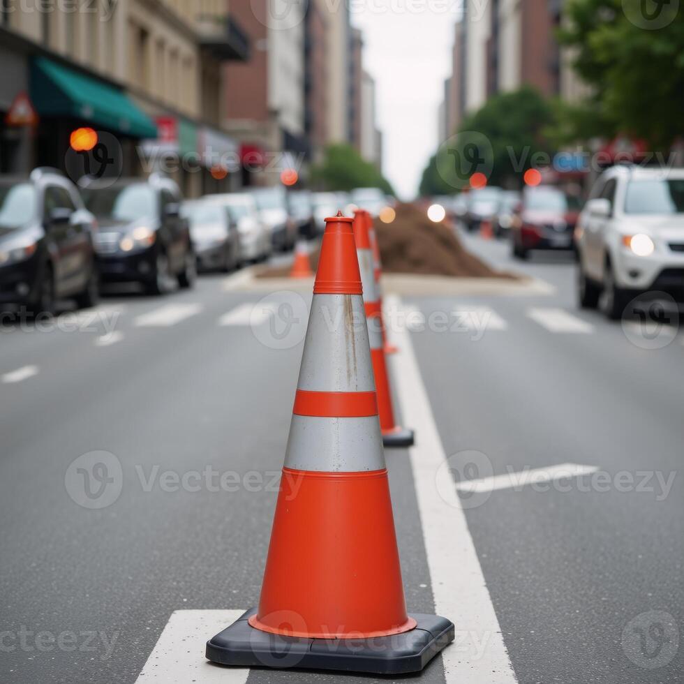 Orange traffic cones mark a bustling scene of street workinprogress with a blurred backdrop of ongoing construction photo