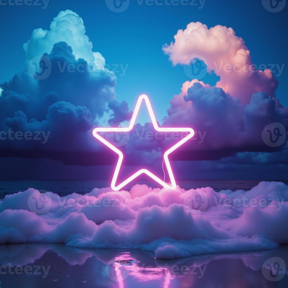 A vibrant futuristic wallpaper featuring a neonlit abstract minimalist background with a glowing star and a tumultuous colorful cloudstorm of cumulus clouds photo