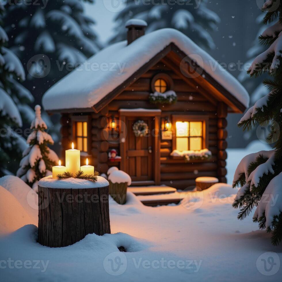 A snowcovered cabin glows warmly from within against a cold winter landscape surrounded by candles on podiums adorned with falling snowflakes Cosy Winter Scene photo