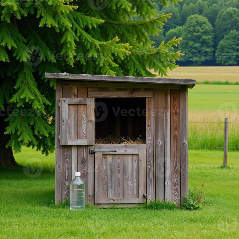 A rustic wooden calf hutch filled with fresh hay and water is situated amidst a lush green pasture bordered by mature vegetation photo