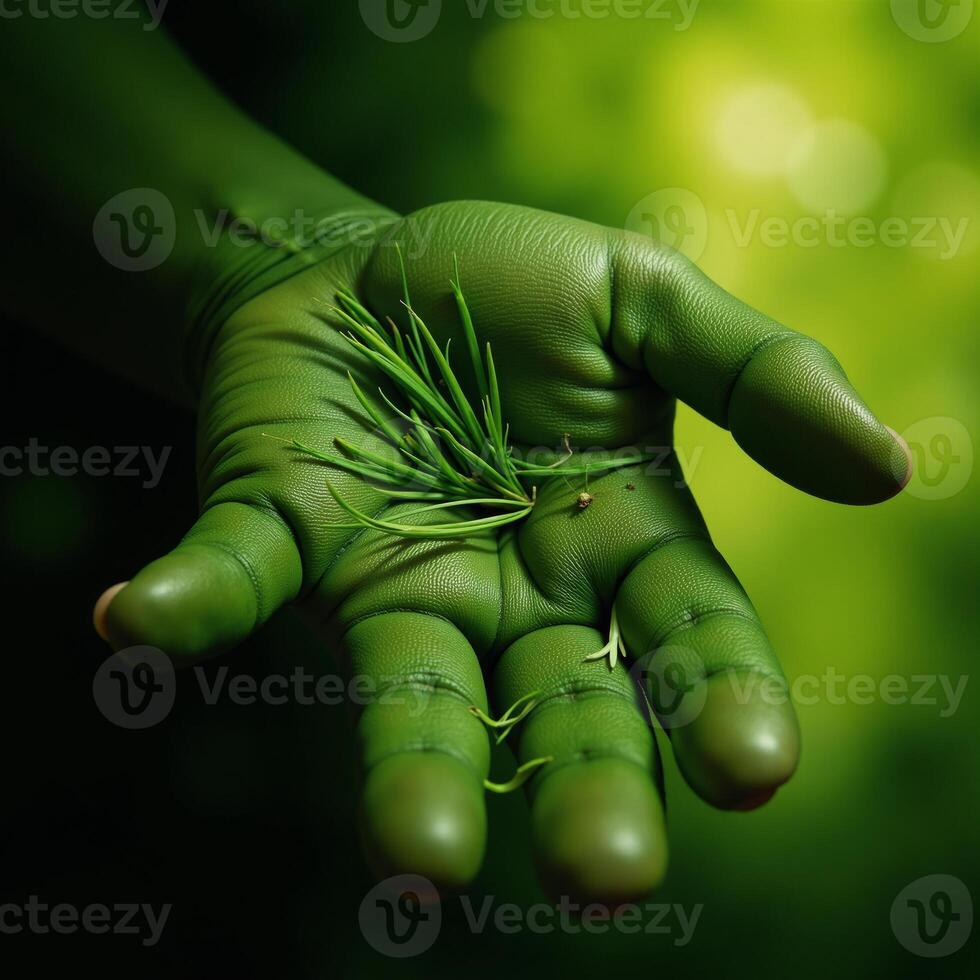 Mother Nature depicted as hand covered in grass within an ecofriendly Gaia concept image photo