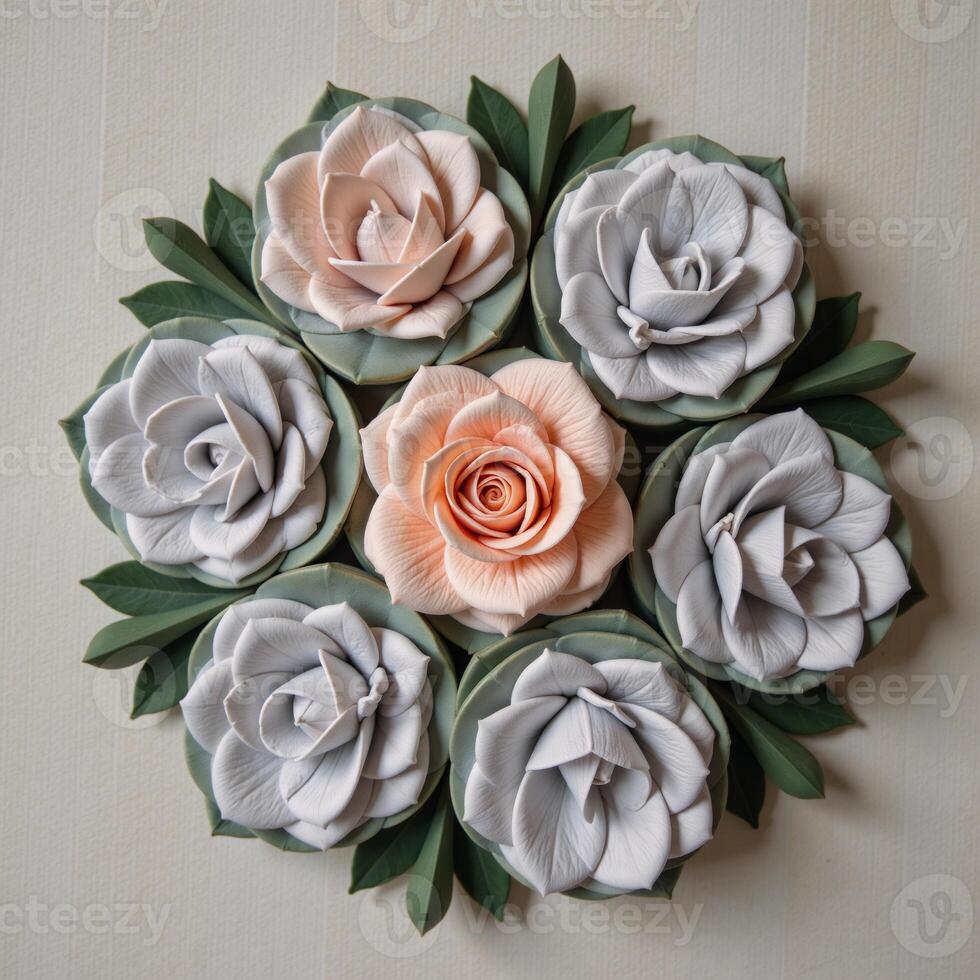 A detailed floralthemed drawing featuring a captivating arrangement of roses in soft shades of gray and peach photo