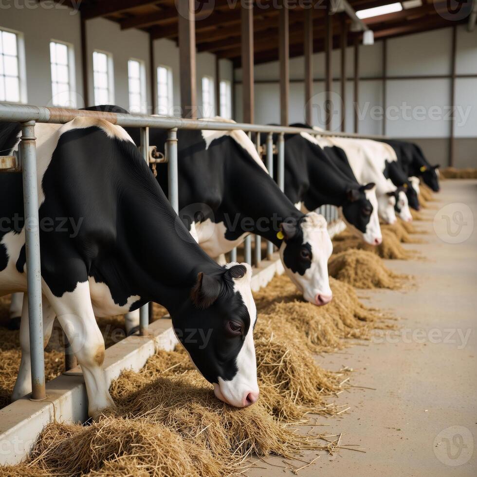 Illustration showcases dairy cows feeding peacefully in a wellmaintained barn highlighting responsible cattle farming photo