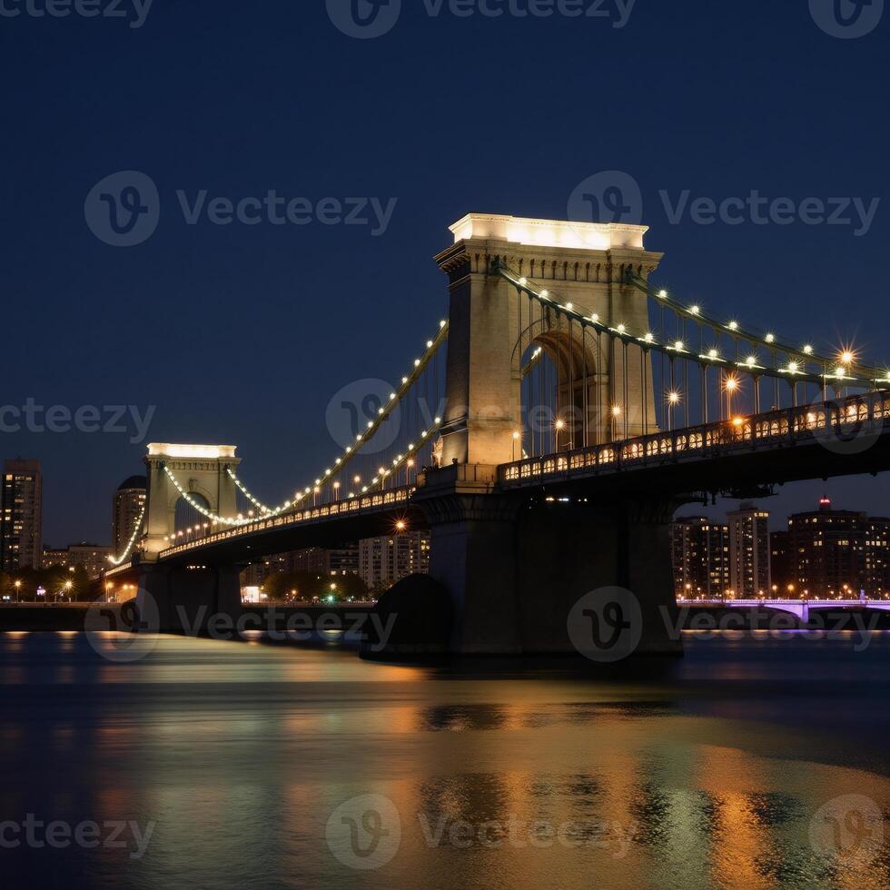 Cityscape featuring iconic bridge at night with shimmering reflections photo
