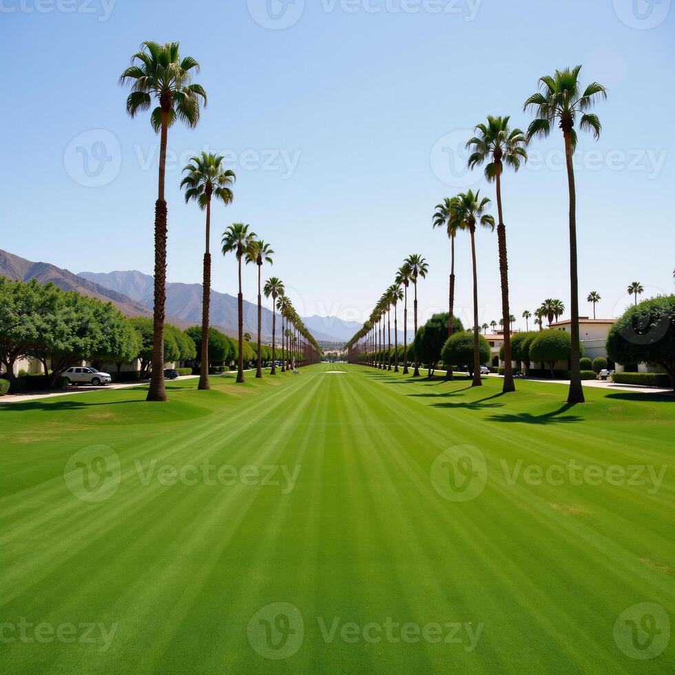 Picturesque golf course featuring palm trees and lush green lawn in Palm Springs photo
