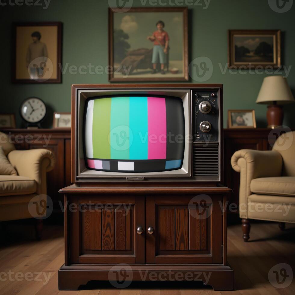 A vintagestyle television displaying color bars within a warm retro living room setting photo