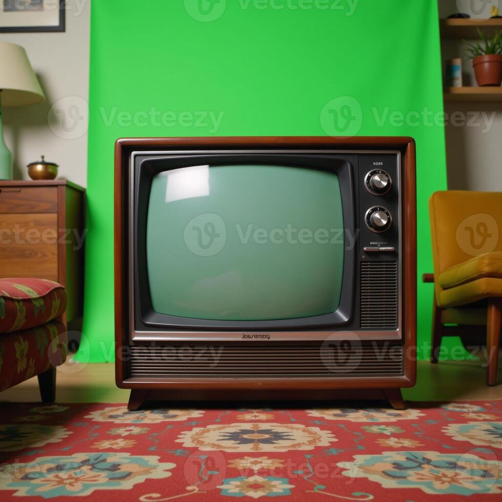 A vintage television set is featured against the backdrop of a cozy retro living room showcasing a vibrant green screen effect photo