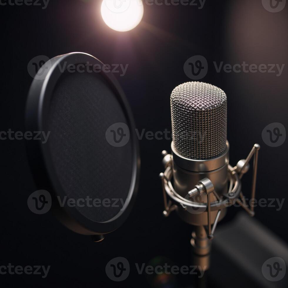 Closeup shot of microphone in recording studio setting photo