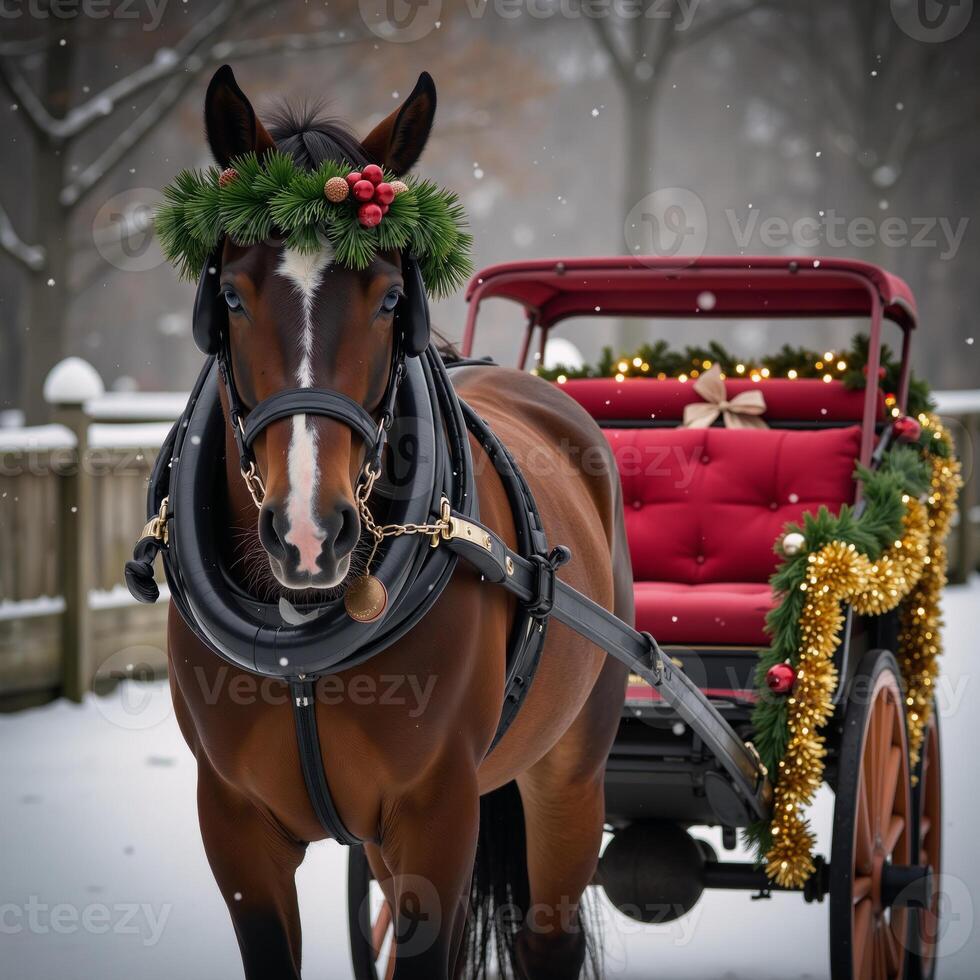 A wreathedhorse pulls a festivelydecorated carriage for a holiday scene photo