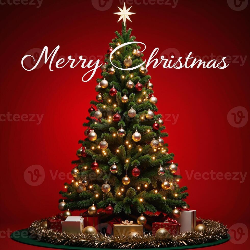 A festive holiday scene featuring golden and silver Christmas lights illuminating a red backdrop adorned with a tree and bright decorations for a Merry Xmas greeting message perfect as an elegant photo