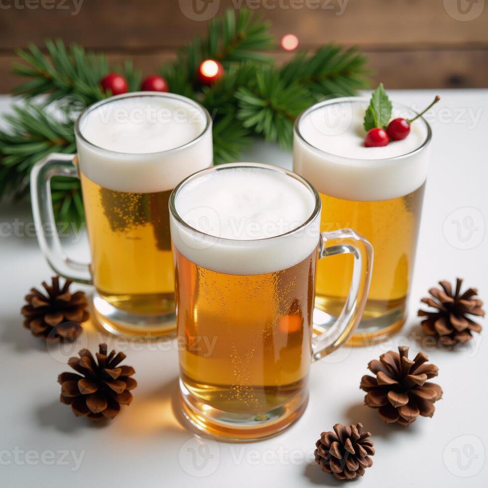 Three frosty glasses of beer adorn a wintry scene on a white table surrounded by pinecones and decorative elements evoking the joyous holiday atmosphere photo