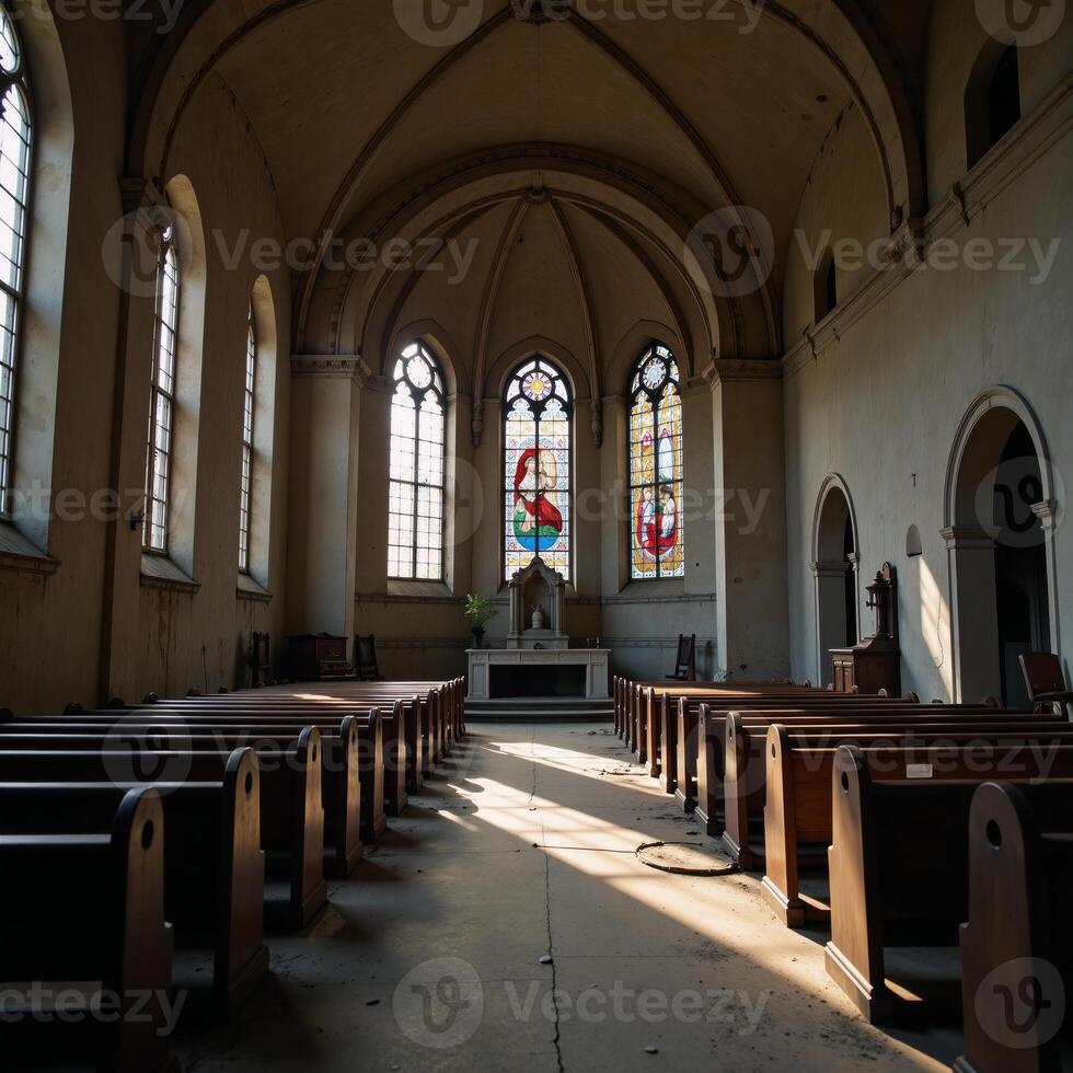 A decrepit church adorned by stainedglass windows and empty pews photo