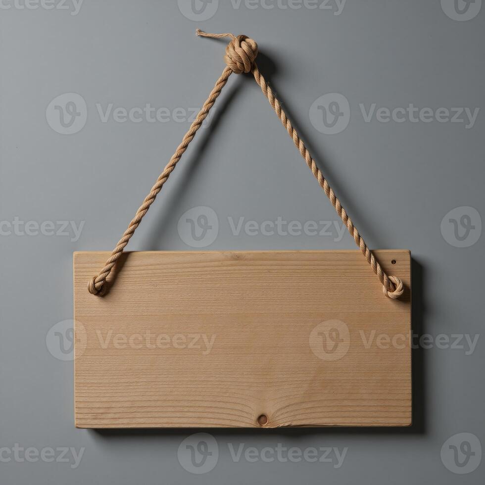 Antique wooden sign with rope detail hanging against grey wall photo