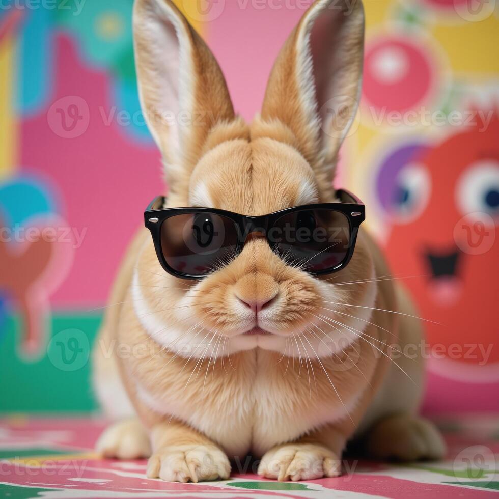 Colorful backdrop features a chic rabbit donning shades photo