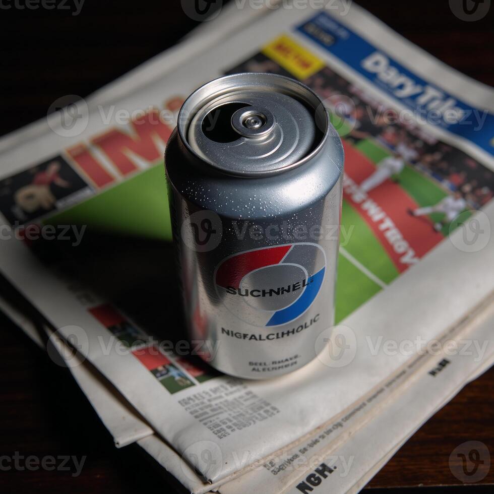 Nonalcoholic beer can labeled with text displayed atop sports newspaper stacks photo