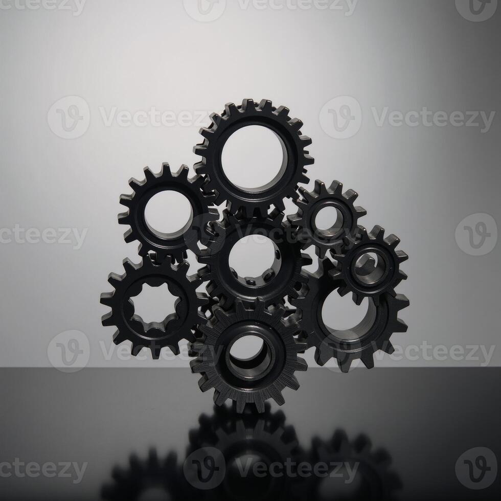 A sleek image showcases metallic black gears against a minimalistic backdrop photo