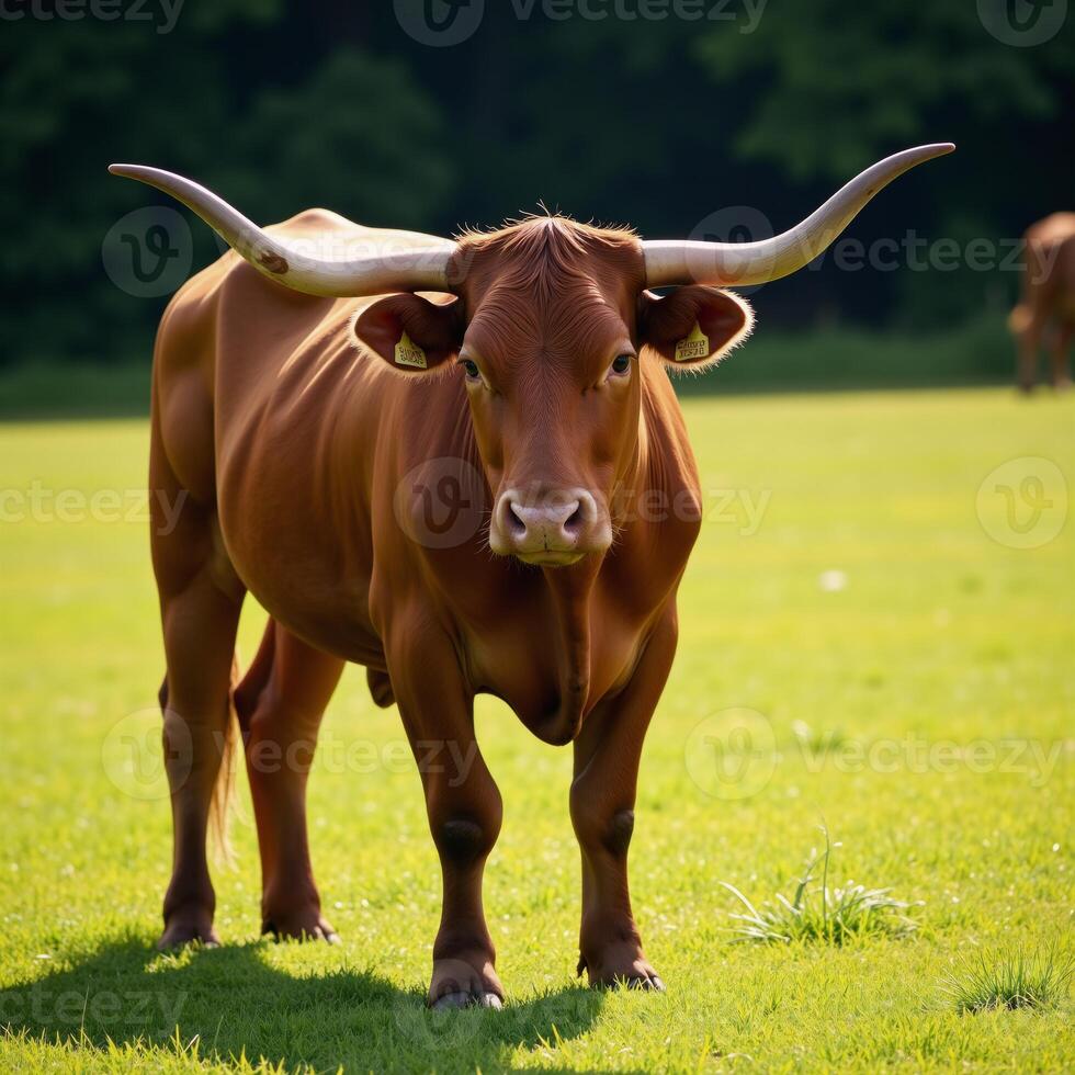A detailed portrait featuring an Angus cow with distinctive features face horns and life stage calfsteerbull in a pastoral setting created using advanced technology photo