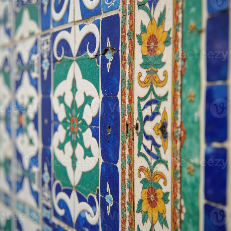 Traditional Persianstyle mosaic wall adorned with intricate geometric and floral patterns on an Iran blue ceramic tile backdrop photo