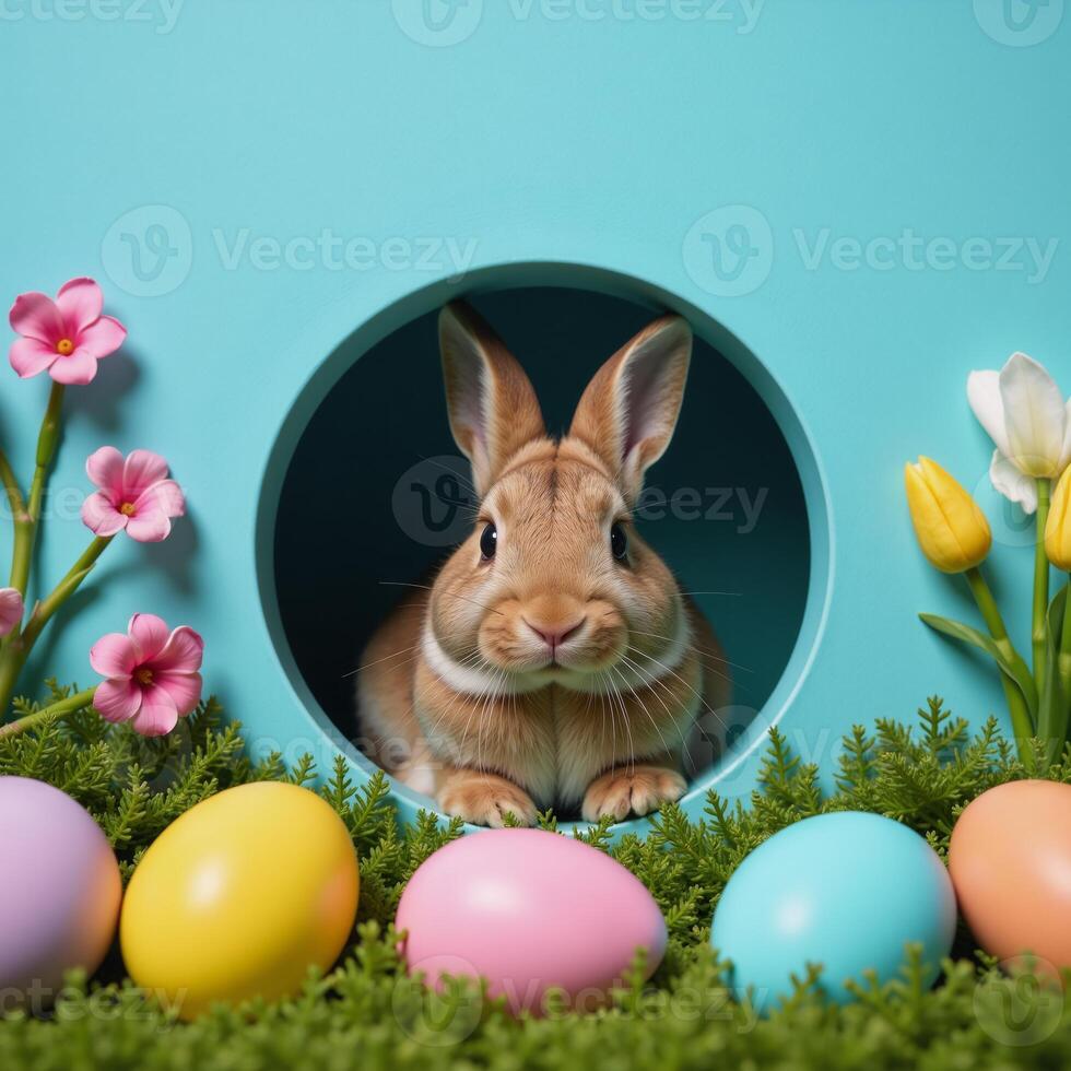 Easter Bunny seen peering out from a bluewalled nook adorned with eggs and blooming flora photo