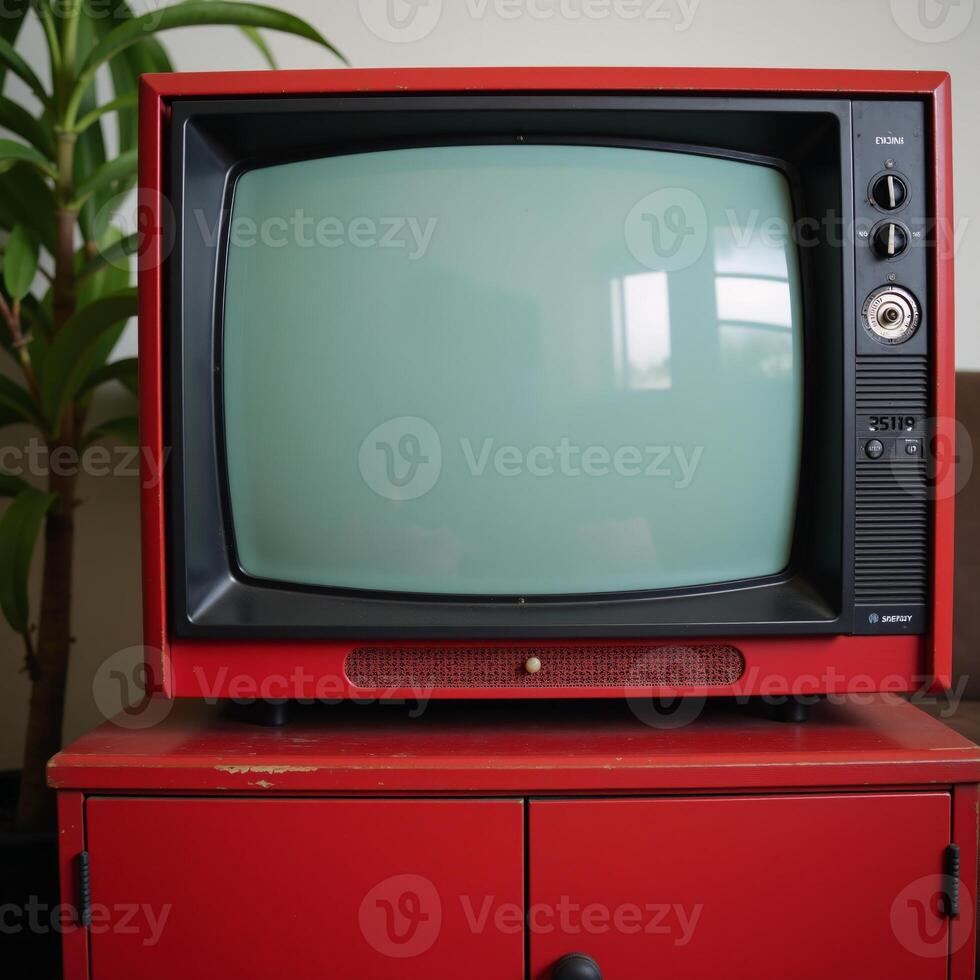 Living Room Scene Red Vintage Television Set on Couch with Plant Backdrop Retro photo