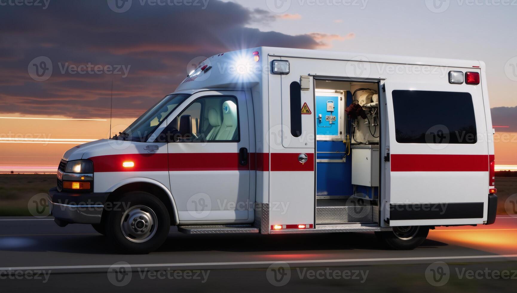 Motionblurred wallpaper depicting an emergency scene with an ambulance sirens blaring and spinning lights photo