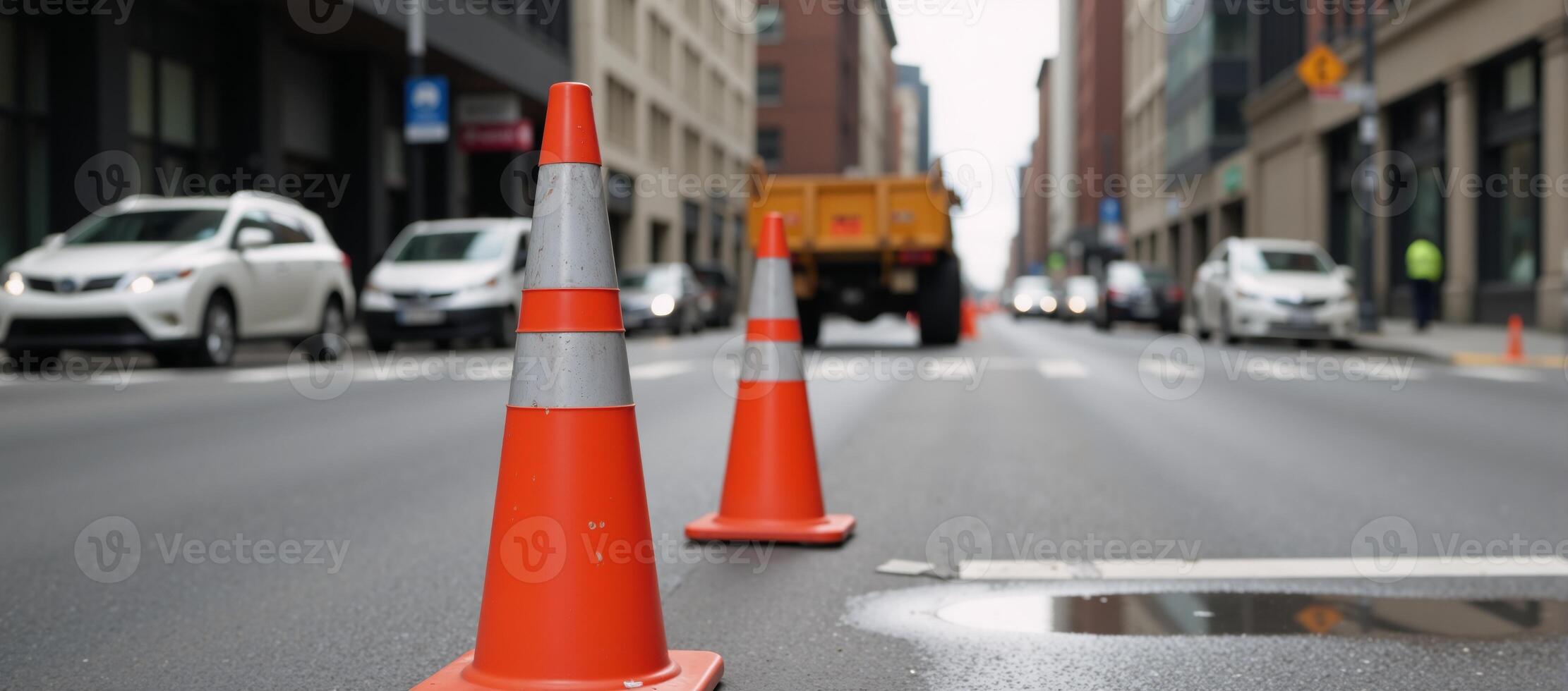 Orange traffic cones mark a bustling scene of street workinprogress with a blurred backdrop of ongoing construction photo