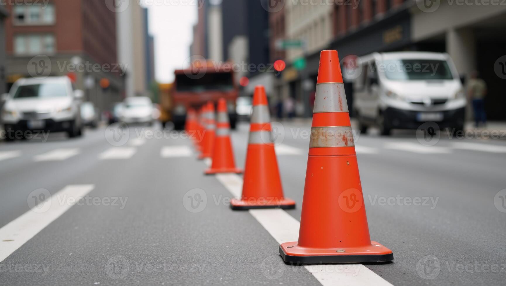 Orange traffic cones mark a bustling scene of street workinprogress with a blurred backdrop of ongoing construction photo