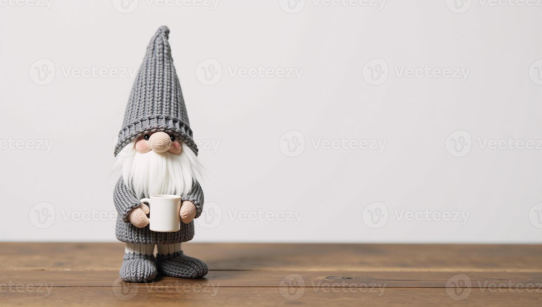 Adorable gnome figurine grayclad mugholding stands on wooded surface photo