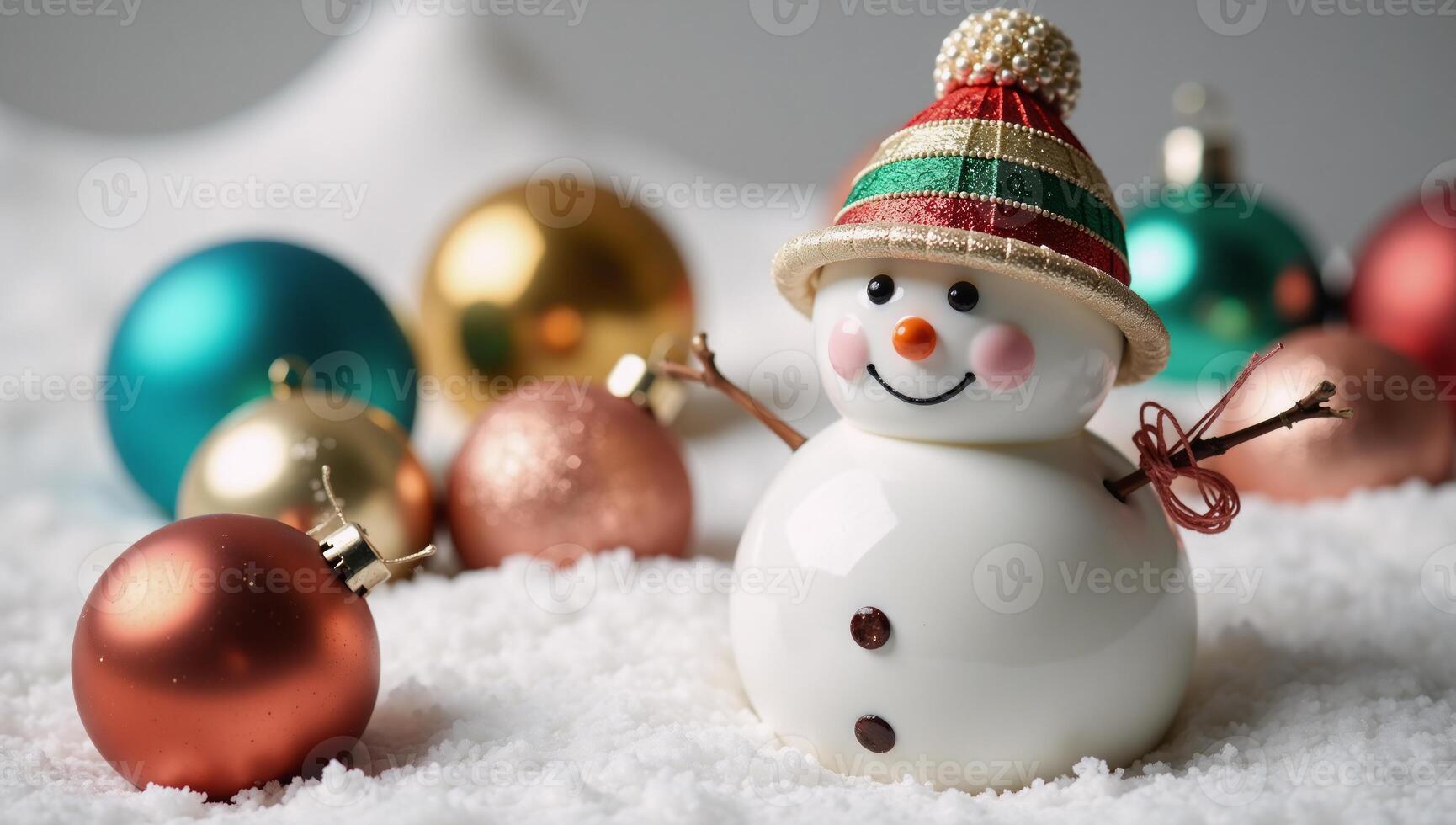 Delightful Snowman Ornament Striped Hat Shiny Baubles Snowy Background Holiday Cheer photo